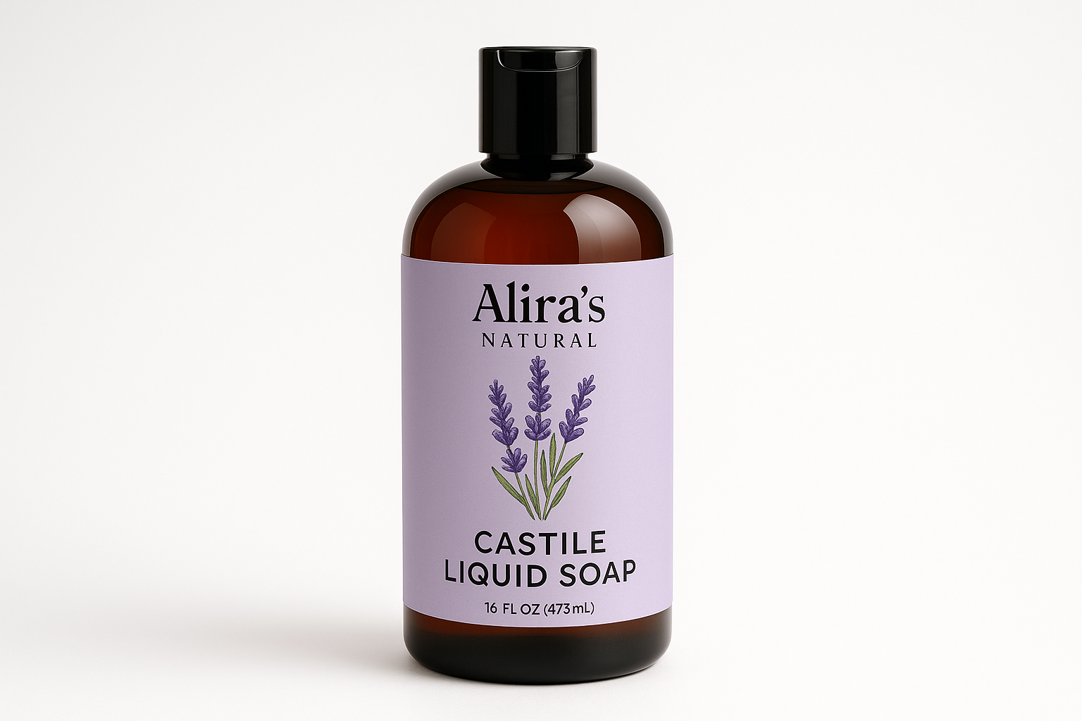 Alira’s Natural logo at the top, Castile liquid soap in a dark 16 oz squeeze bottle with black disc top bottle cap. on a lavender label of the lavender plant on the label