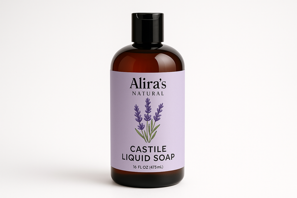 Alira’s Natural logo at the top, Castile liquid soap in a dark 16 oz squeeze bottle with black disc top bottle cap. on a lavender label of the lavender plant on the label