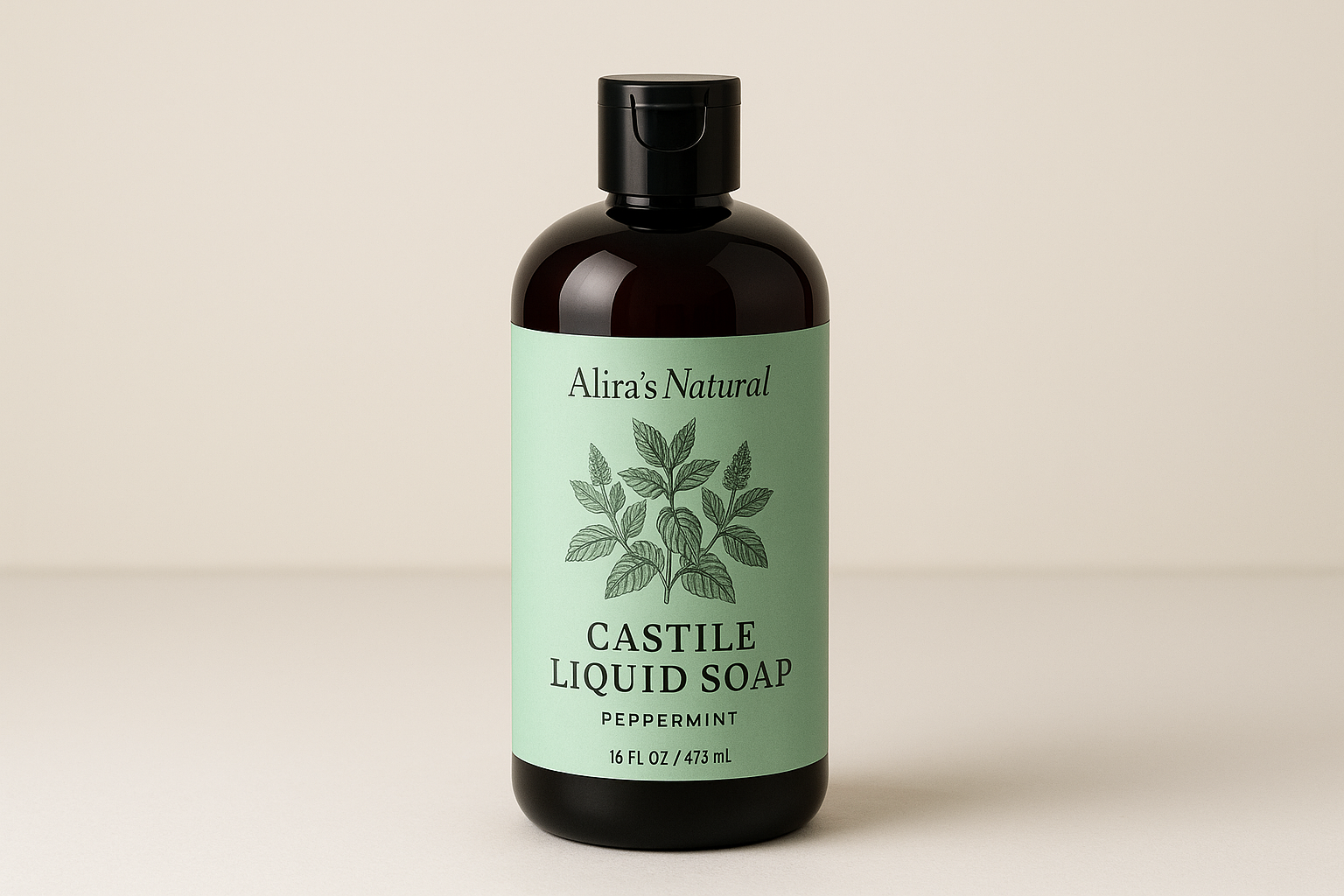 Alira’s Natural logo at the top, Castile liquid soap in a dark 16 oz squeeze bottle with black disc top bottle cap. on a mint green peppermint label of the peppermint plant on the label