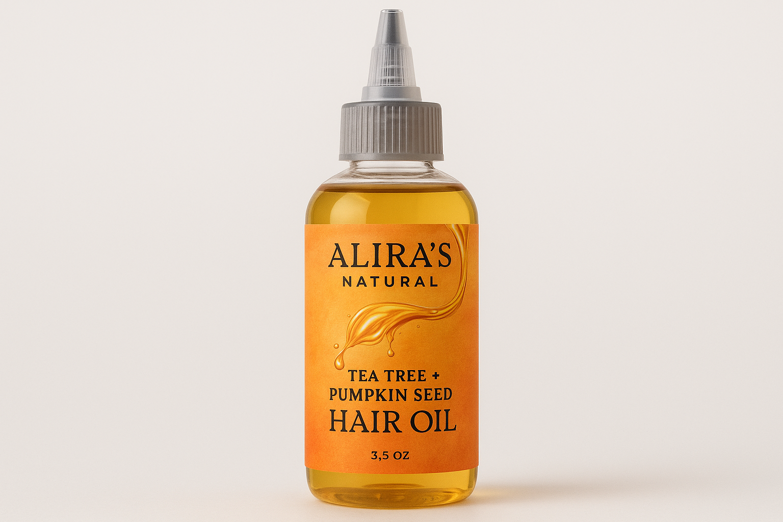 Alira's Natural logo at the top of the label, 3.5 oz tea tree + Pumpkin seed Hair Oil in clear squeeze applicator twist top cap bottle . a mixture of light and bright orange label with picture of oil pouring on the label.