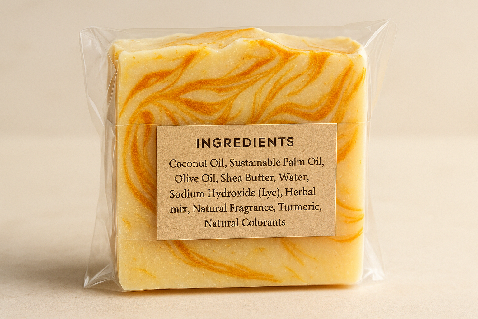 Bar soap with twirl of Turmeric, with ingredients Coconut Oil, Sustainable Palm Oil, Olive Oil, Shea Butter, Water, Sodium Hydroxide (Lye), Herbal mix, Natural Fragrance, Turmeric, Natural Colorants on a label attached to a clear shrink wrap bag