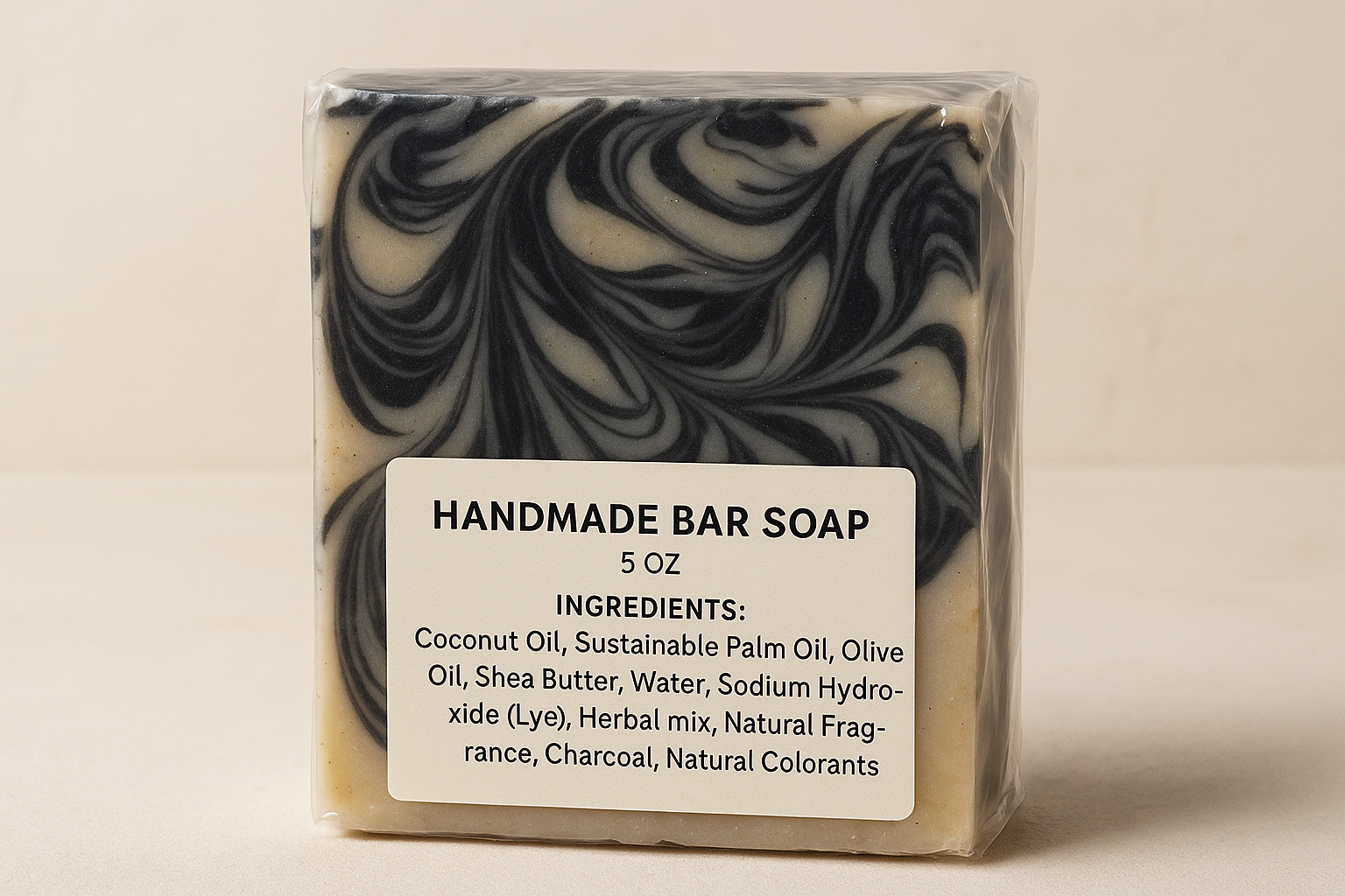 hand made bar soap with a twirl of Charcoal, 5 oz with ingredient list of Coconut Oil, Sustainable Palm Oil, Olive Oil, Shea Butter, Water, Sodium Hydroxide (Lye), Herbal mix, Natural Fragrance, Charcoal, Natural Colorants with a label attached to a Clare shrink wrap bag