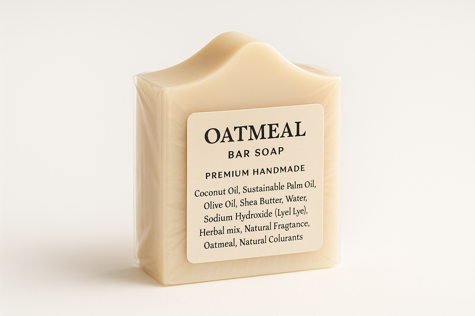 
Oat meal Bar soap with short arch top design, no speckle of oatmeal in the soap. with ingredients Coconut Oil, Sustainable Palm Oil, Olive Oil, Shea Butter, Water, Sodium Hydroxide (Lye), Herbal mix, Natural Fragrance, oatmeal, Natural Colorants on a label attached to a clear shrink wrap bag
