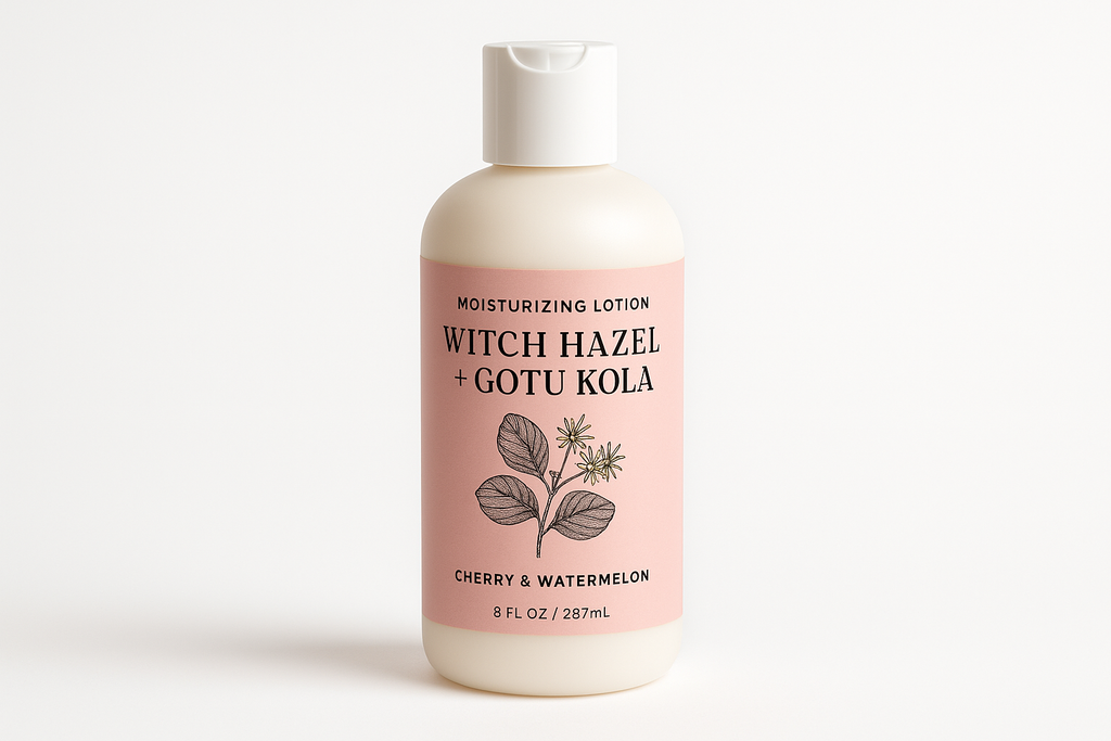 Witch Hazel + Gotu Kola moisturizing lotion, pink label with a picture of the witch hazel plant and a 8 oz disc top bottle cap. Cherry and watermelon fragrance. 